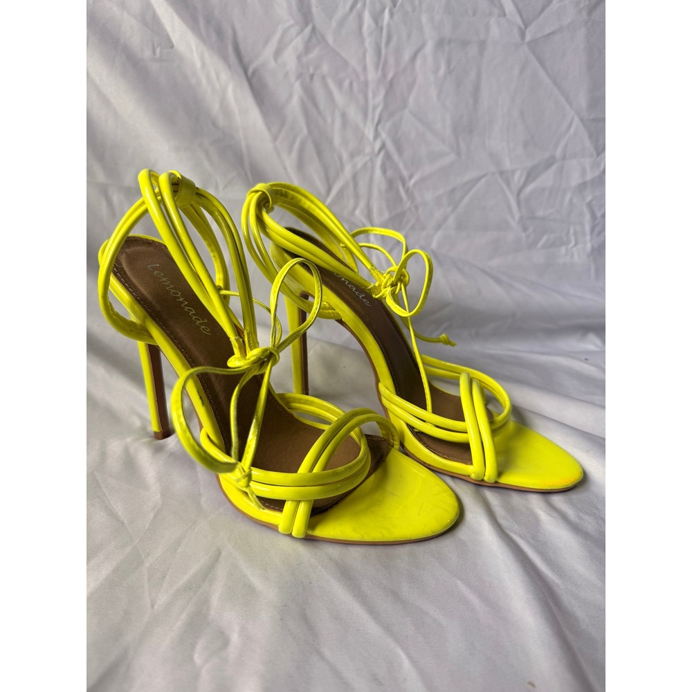 Lemonade Neon Yellow Strappy Lace Up Stiletto Sandals Size 8 Patent Neon Heels